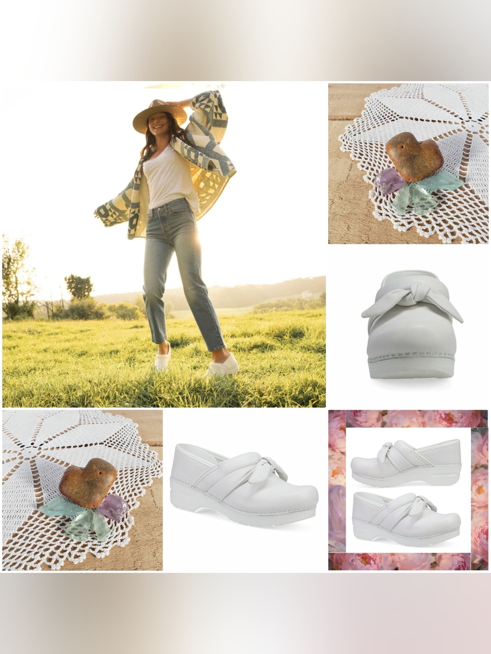 Dansko Pro Bow Clogs White Nappa Soft Leather Spring Prairie Cottage Gypsy Boho